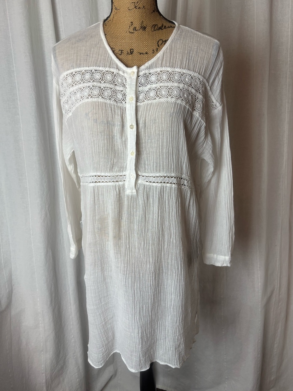 Xirena White Gauze Crochet Lace Dress/Tunic White Sz S Sheer Lightweight
